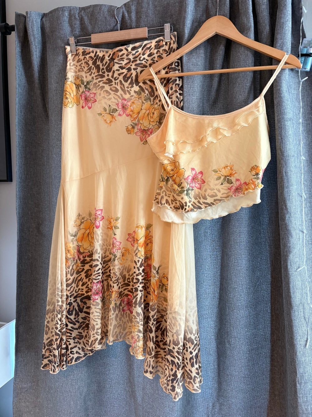 SHEIN Yellow Floral & Leopard Satin Camisole and Skirt Set